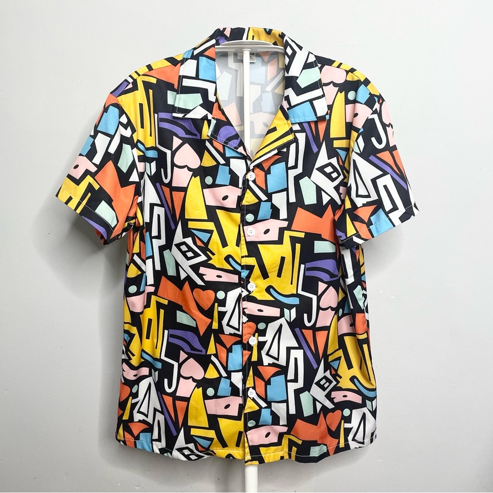 SHEIN Manfinity StreetEZ Men Geo Print Colorblock Short Sleeve Button Up Shirt